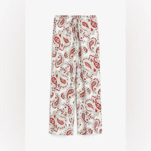 H&M High Rise Wide Leg Paisley Pull On Pants in White/Red Size M